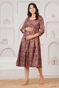 Robe midi évasée en coton à imprimé floral, manches longues, taille naturelle, détail froncé, col rond, décontractée, pour la maternité au quotidien - Product Image 3