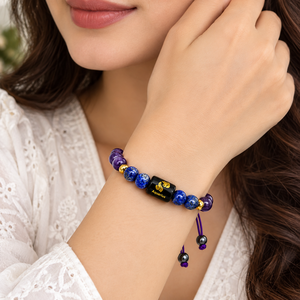 Bracelet en cristal premium du zodiaque Aquarius avec perles d'améthyste, étiquette en cuivre gravée d'un symbole sanskrit - Cadeau souvenir - Product Image 6
