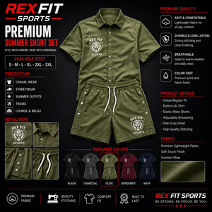 REXFIT SPORTS 2026 Custom Unisex <b>Summer</b> <b>Shirt</b> and Shorts Set Lightweight Button Up Two Piece Casual Streetwear Outfit - Product Image 1