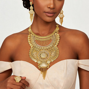 Wholesale Heavy 14K 18K 24K Gold Plated Dubai Style Bridal Set Traditional Floral Design Motif Long Jewelry Set Fashion Jewelry - Product Image 2
