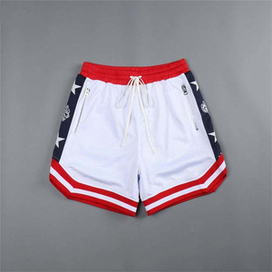 Pantalones Cortos Deportivos a Rayas Blancas, Rojas y Azules para Hombre, Cintura con Cordón, Bolsillos con Cremallera, Transpirables, de Poliéster Tejido, de Longitud Media - Product Image 1
