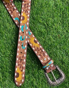 High Quality Leather <b>Belts</b> Hand Tooled Carving Stylish Sunflower <b>Belt</b> Unisex Hot Sale Luxury Gift for Him - Product Image 4