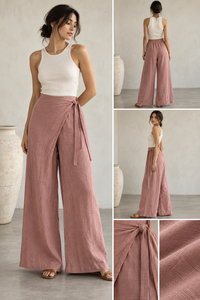 Top Ranking Alibaba Supplier Summer Casual Loose Breathable White Ribbed Top with Mid Waist Pink Wrap Trousers Wholesale - Product Image 6