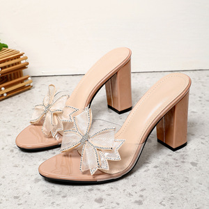 Sandalias de satén con tacón grueso y punta cuadrada para mujer, color piel, casuales, de 6-8 cm, para verano - Product Image 3