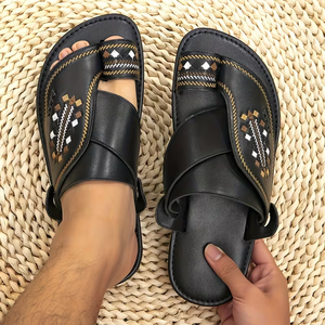 B&S Slippers – Sandales d'été en cuir véritable pour hommes, broderie géométrique, bout ouvert, respirantes, légères et confortables - Product Image 5