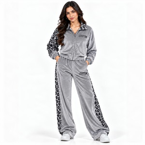 <b>Women's</b> Silver Grey <b>Velour</b> <b>Tracksuit</b> Leopard Print Trim Zip Up Jacket Wide Leg Trousers Custom Two Piece Velvet Set Manufacturer - Product Image 1