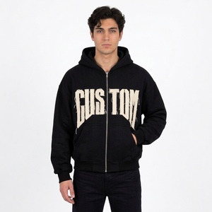 Sweat à capuche zippé oversize noir pour homme en molleton avec appliqué graphique lettres, style streetwear, 100% coton écologique, avec poche - Product Image 3