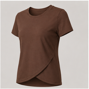 T-shirt pour femme, col rond, manches courtes, coupe classique, ourlet en forme de tulipe, marron, WTS-0042 - Product Image 6