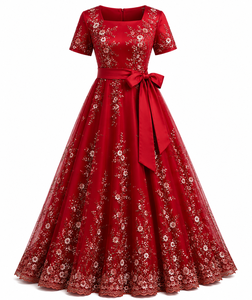 <b>Pink</b> Comfortable Satin A-Line Empire Waist Floral Embroidered Evening <b>Dress</b> Bow Belt Maxi Gown Short Sleeve Formal Party <b>Wedding</b> - Product Image 2
