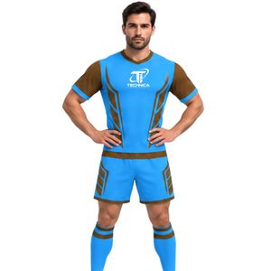 Conjunto de camiseta deportiva y pantalones cortos de manga corta para hombre, color azul cielo y marrón, uniforme de fútbol para entrenamiento de equipos deportivos - Product Image 1