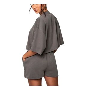 Ensemble crop top et short surdimensionné personnalisé pour femme – Tenue décontractée d'été en coton deux pièces, couleur unie, manches courtes, vêtements de détente - Product Image 5