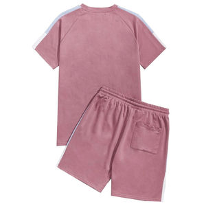 Ensemble T-shirt et short pour homme, couleur rose, col rond, manches courtes, vêtements décontractés d'été, respirant, tricoté en polyester et coton - Product Image 3