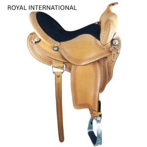 Selle de cheval western en cuir naturel tanné avec siège rembourré noir et étriers – Équipement équestre de cowboy haut de gamme pour ranch et sentiers - Product Image 1