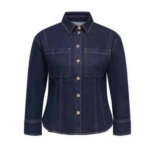 Women Denim Shirt Long Sleeve Solid Color Button Up Casual Regular Fit Dark Wash Cotton Autumn Style - Product Image 3