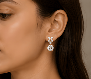 Lab Grown Diamond Floral Drop <b>Earrings</b> | Round Cut <b>Dangle</b> <b>Earrings</b> for Women | Luxury Fine Jewelry - Product Image 4