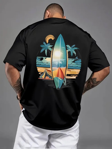 Men's Black <b>Surf</b> Board <b>Print</b> T-Shirt Short Sleeve O-Neck Digital <b>Print</b> Beach Design Regular Fit Casual Wear 100% Cotton - Product Image 5