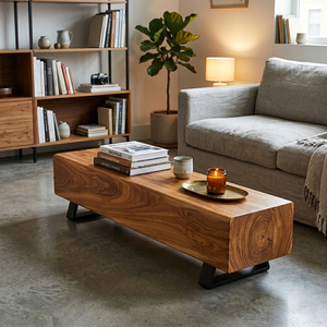 Chaise longue industrielle moderne en bois massif, qualité supérieure, finition naturelle, pieds coniques, design bloc épais, pour salle à manger et maison - Product Image 5
