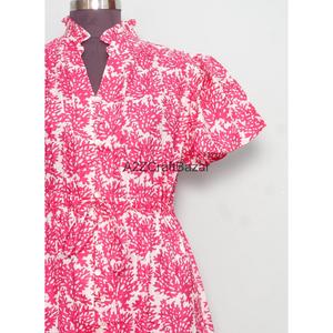 Robe courte bohème pour femme, coupe trapèze, 100% coton tricoté, imprimé numérique floral palmiers, col en V, manches courtes, idéale pour le bureau - Product Image 3