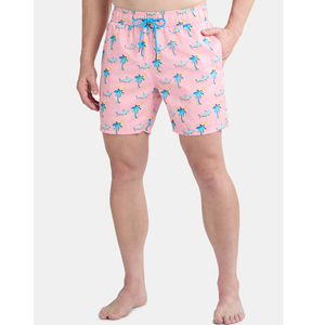<b>Men's</b> Woven Mid Waist <b>Pink</b> Printed Swim <b>Shorts</b> with Palm Tree Pattern Quick Dry Drawstring Closure Beachwear Casual - Product Image 2