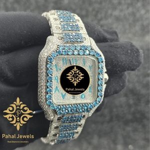 นาฬิกาข้อมือ Pahal Jewels สแตนเลสสตีลทรงสี่เหลี่ยมผืนผ้า ประดับเพชรสีน้ำเงิน ระบบอนาล็อก กลไกอัตโนมัติ แสดงวันที่ สายขนาด 20 มม. สำหรับทุกเพศ - Product Image 3