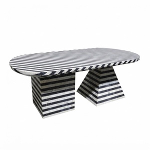 <b>Modern</b> <b>Black</b> and White Striped Bone Inlay <b>Coffee</b> <b>Table</b> Handcrafted Round Pedestal Center <b>Table</b> For Luxury Living Room Furniture - Product Image 2