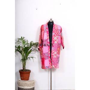 เสื้อคลุมกิโมโนผ้าไหม/ผ้าฝ้ายสไตล์วินเทจสำหรับผู้หญิง ระบายอากาศได้ดี เหมาะสำหรับฤดูร้อน มีเชือกผูกปรับได้ ความยาวระดับเข่า - Product Image 3