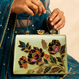 <b>Green</b> Floral Embroidered Designer Clutch Bag Elegant Evening <b>Purse</b> for Women Festive Wear - Product Image 3
