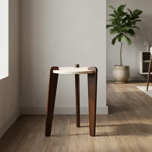 Table d'appoint moderne avec plateau rond en pierre et pieds en bois de manguier, design mid-century, fabrication artisanale, meuble de salon - Product Image 4