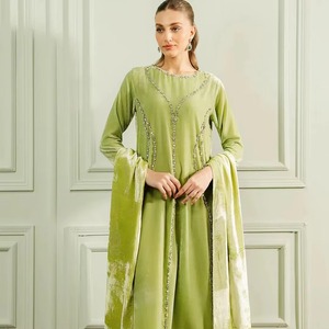 Robe de soirée pakistanaise en velours vert lime tendance, élégante, brodée de cristaux, longue kurta, pantalon droit, ensemble de luxe - Product Image 2