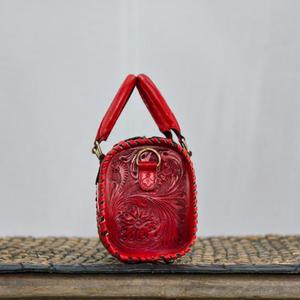 Luxury Red Leather Handbag Top Handle Zipper Closure Embossed Floral Design <b>Playing</b> <b>Cards</b> Motif - Product Image 2