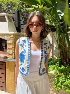 <b>Women's</b> Bohemian Embroidered Floral Canvas Vest Open Front Collarless Breathable Button <b>Waistcoat</b> <b>Blue</b> Pattern Woven Short - Product Image 3