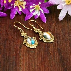 Pendientes de Oro con Gema de Turquesa de Ostra Espinosa, Estilo Boho, Modernos, en Forma de Lágrima, Pendientes de Diseño con Filigrana, Joyería Fina al por Mayor - Product Image 4