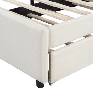 Letto matrimoniale imbottito in tessuto di lino con testiera a motivo mattoni, beige, con letto estraibile singolo XL (Vecchio SKU SF00000) - Product Image 3