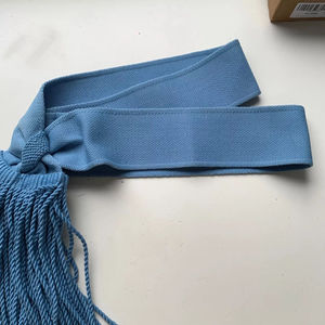 Ceinture en soie bleue tricotée avec double frange et pompons, lavable et écologique, pour la décoration de vêtements - Vente en gros - Product Image 3