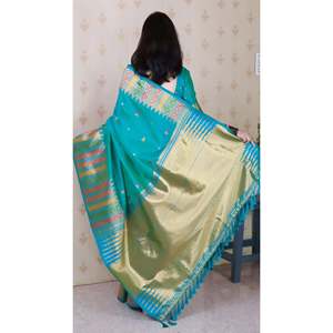 Sari en soie douce bleu aqua Meenakari Zari tissé avec bordure de temple, chemisiers et chemises pour femmes - Product Image 4