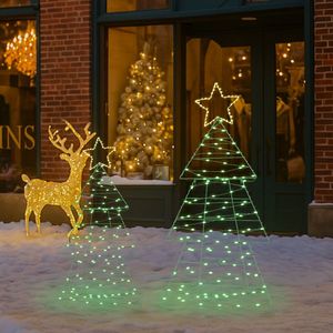 Set di 2 Alberi di Natale in Metallo Illuminati, Decorazione da Giardino Pre-illuminata con 150 Luci LED Verdi e Bianco Caldo per le Festività - Product Image 4