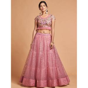 ชุดตาข่ายปักลายด้วยด้ายสีชมพูบลัชออนมีเอกลักษณ์ชุดปาร์ตี้ lehenga choli - Product Image 2