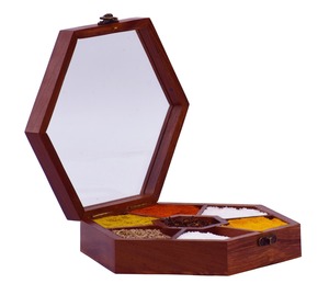 Boîte à épices hexagonale en bois écologique avec couvercle en verre, plusieurs compartiments, organisateur d'assaisonnements pour comptoir de cuisine - Product Image 1