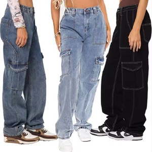 Lote de Exceso de Inventario: Pantalones Cargo de Mezclilla Elástica de Algodón para Mujer, Estilo Hip Hop, Corte Regular, 6 Bolsillos, Cintura Media, Lavado Oscuro - Product Image 1