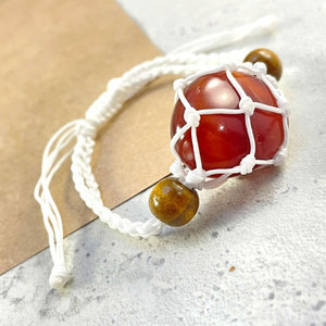 Handmade White Macrame Carnelian <b>Bracelet</b> Natural Red Crystal <b>Adjustable</b> Boho <b>Bracelet</b> with Wooden Beads for Women - Product Image 2