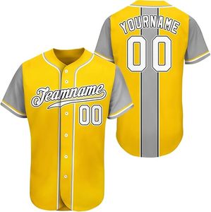Maillot de baseball personnalisé pour homme, jaune et gris, manches courtes, boutonné, impression sublimée, évacuation de l'humidité, vêtements toutes saisons - Product Image 1