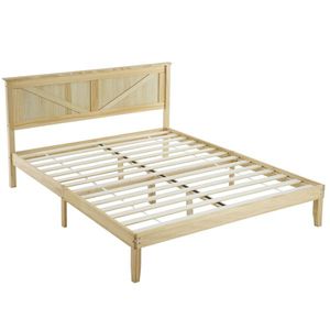 Solid Wood Platform Bed Frame with Natural Headboard Full Size Handcrafted Wooden Beds - Product Image 1