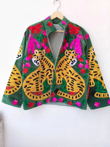 Blouson Bomber Suzani 100% Velours Fait Main Réversible Vintage Bohème Court Coloré Brodé Hiver Rembourré Coton Motif Panthère - Product Image 1