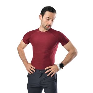 T-shirt ajusté à manches courtes et col rond pour homme, couleur bordeaux, coupe slim, décontracté et sportif, idéal pour l'entraînement et le fitness, vente en gros - Product Image 1