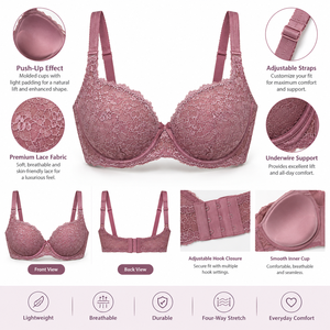 Conjunto de lencería para mujer: sujetador de encaje sólido con aros y efecto push-up, tirantes ajustables, transpirable, sin costuras, con logo frontal. - Product Image 1