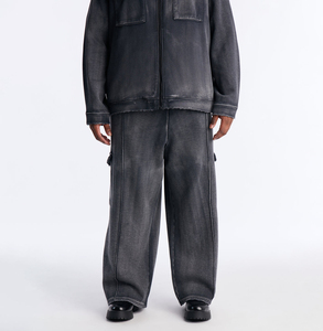 Pantalon de travail en toile de coton délavée pour homme, coupe droite, taille élastique, coupe ample, respirant, poids moyen, style automne - Product Image 1