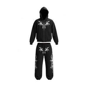 2026 Men's Streetwear Gothic Zip Up Tracksuit Custom <b>Oversized</b> Hoodie & <b>Jogger</b> Set High Quality Cotton casual wear - Product Image 1