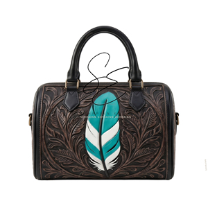 Black Western Mini Duffle Bag <b>Tooled</b> <b>Leather</b> Speedy Purse Turquoise Feather Cowgirl Boston Handbag Women Premium Purses - Product Image 1