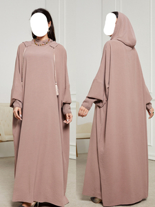 OEM Pure Green Apricot Color Crinkle <b>Elastic</b> Fabric Loose Size <b>Elastic</b> Cuff Tassel Drawstring Hoodies Muslim <b>Dress</b> for Women Eid - Product Image 2
