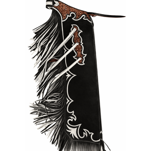 Pantalones de cuero repujado con diseño floral occidental, cierre de hebilla y botón, diseño atlético para competición, flecos en blanco y negro, ajuste regulable - Product Image 1